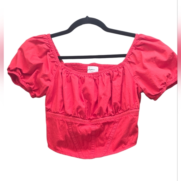 Japna Tops - Japna Red Smocked Peasant Crop Top Puff Sleeve Medium 100% Cotton Boho Festival
